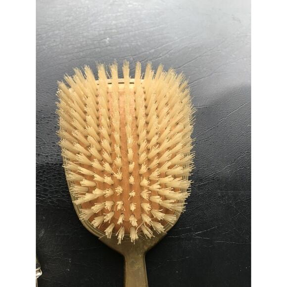 ANTIQUE GLASS POWDER VANITY BOX HAND MIRROR AND HAIR BRUSH Gold Aurora Borealis - Picture 5 of 9